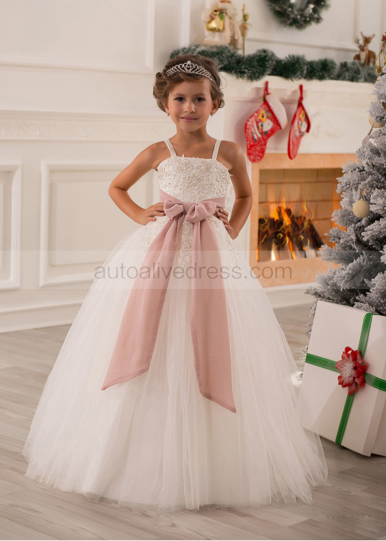 Ivory Lace Tulle Beaded Flower Girl Dress With Mauve Sash